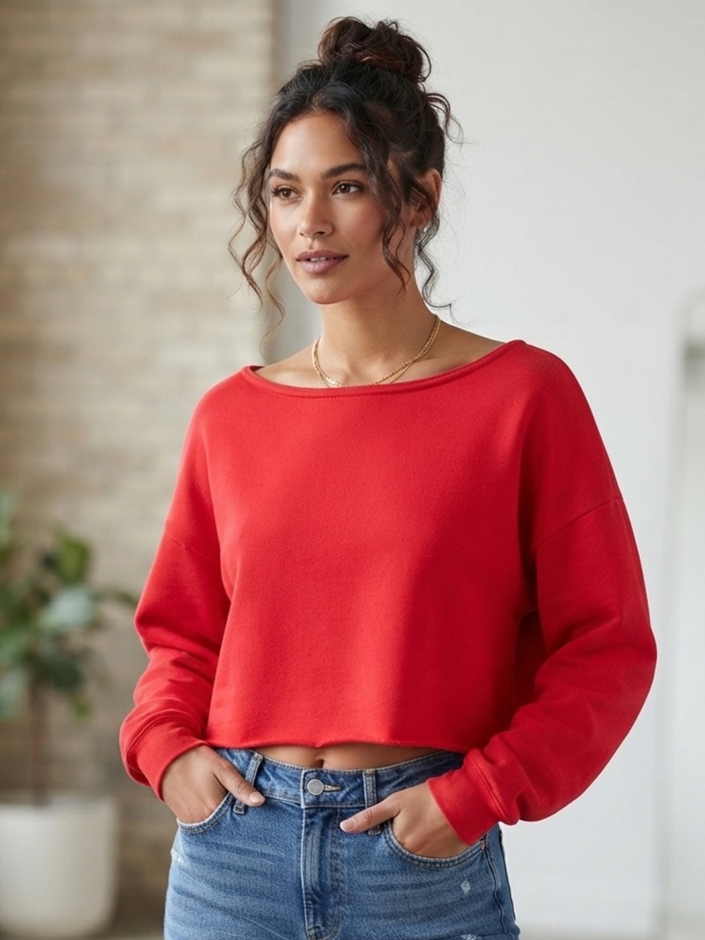 ZENANA Cropped Boatneck Sweatshirt L 24” p2p Red NEW